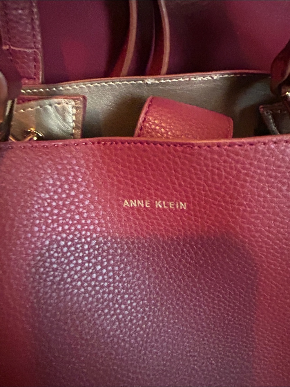 Anne Klein Burgundy Pebbled Satchel Crossbody Bag - Multi-Compartment